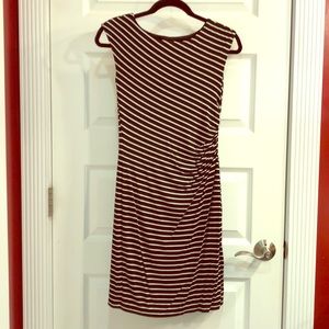 Loft Black & White Striped Gathered Midi Dress